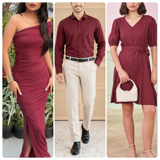 Maroon fabric dye pack with fixer from Rangedhaga, showing five bottles of dye and a fixer for clothing color enhancement.