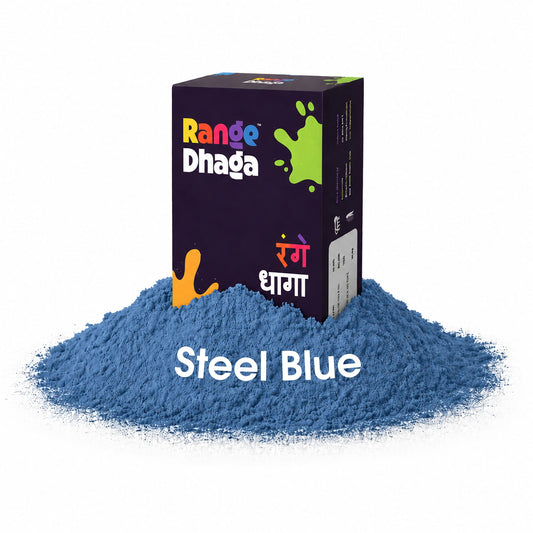 Steel blue fabric dye and fixer sachets from Rangedhaga, showing vibrant blue powder packets for fabric coloring.