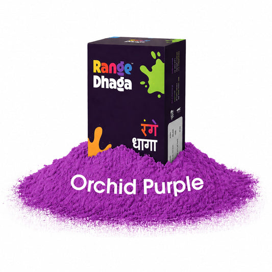 Orchid purple fabric dye and fixer in a pack of five sachets, suitable for dyeing and color fixing on textiles by Rangedhaga.