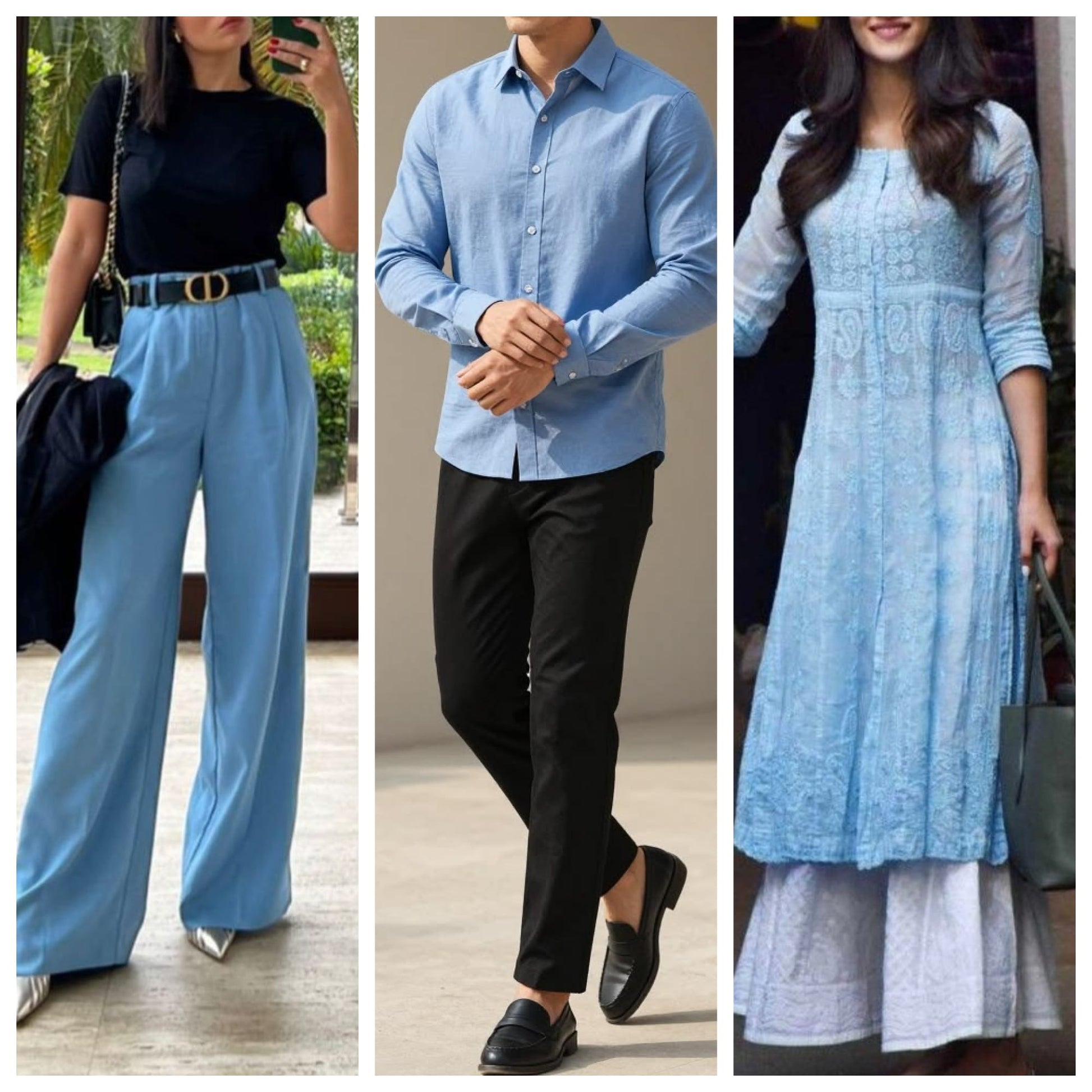 Rangedhaga fabric dye colors in sky blue, black, navy blue, and brown with dye fixer, shown on multicolor fabric samples.