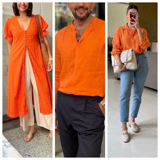 Orange fabric dye pack by Rangedhaga with fixer for clothing coloring, shown in a 5-pack set with dye bottles and fixer solution.