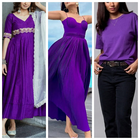 Purple fabric dye pack with fixer, showing five bottles of colorful dye for clothes by Rangedhaga on a white background.