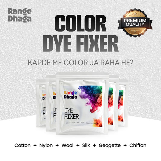 Range Dhaga Dye Fixer packets with branding and product details on a white background