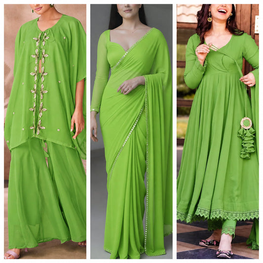 Parrot green fabric dye and fixer sachets from Rangedhaga, showing vibrant green dye powder in sealed sachets.