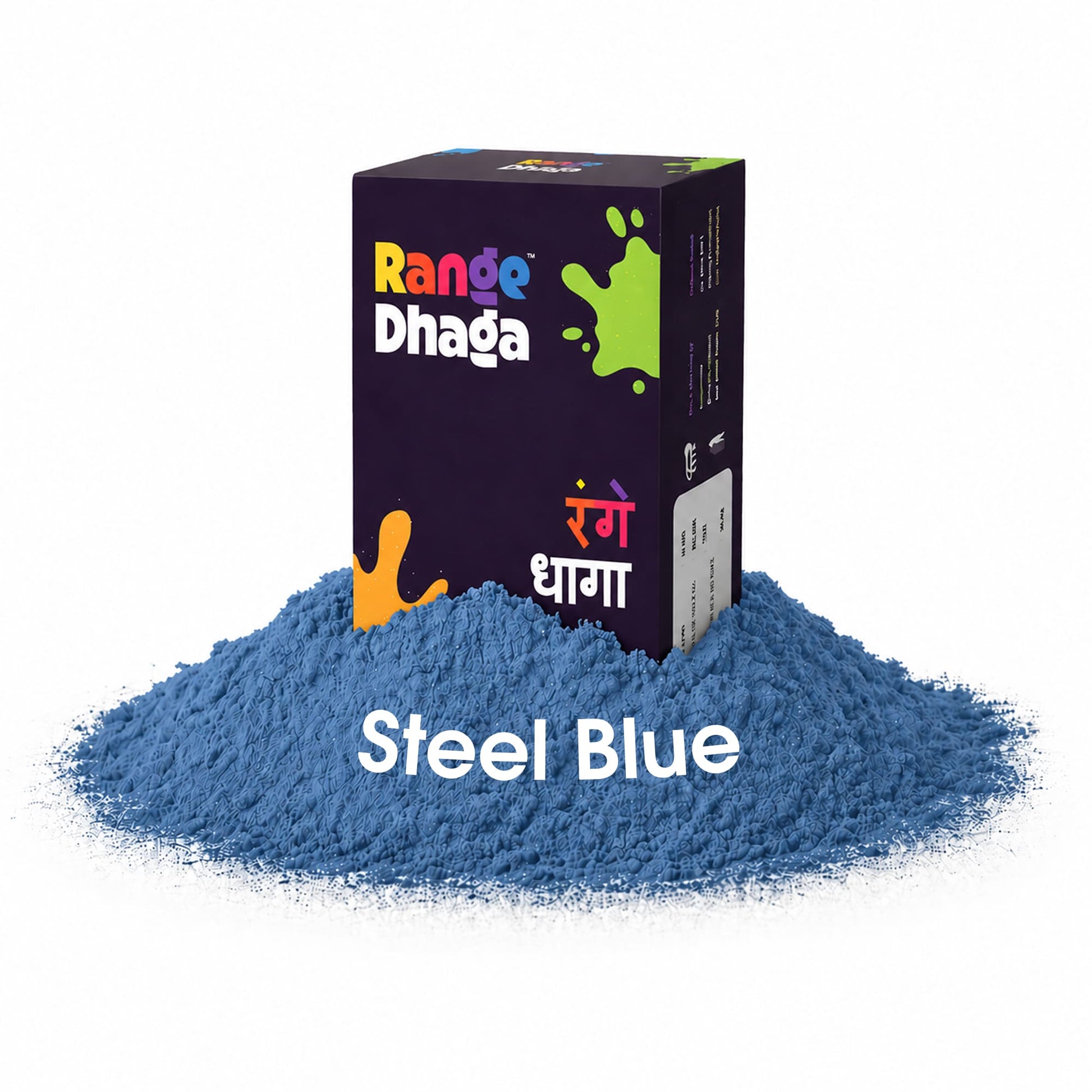 Steel blue fabric dye and fixer sachets from Rangedhaga, showing vibrant blue powder packets for fabric coloring.