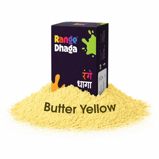 Butter yellow fabric dye and fixer sachets from Rangedhaga, showing bright yellow dye packets for fabric coloring.
