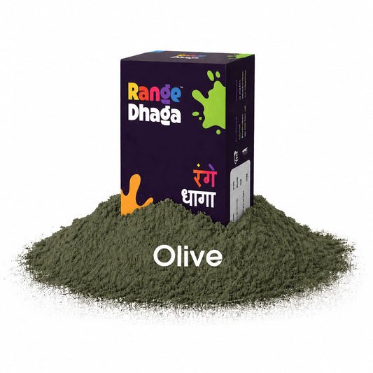 Olive-colored fabric dye and fixer sachets from Rangedhaga for vibrant clothing and textile coloring projects.