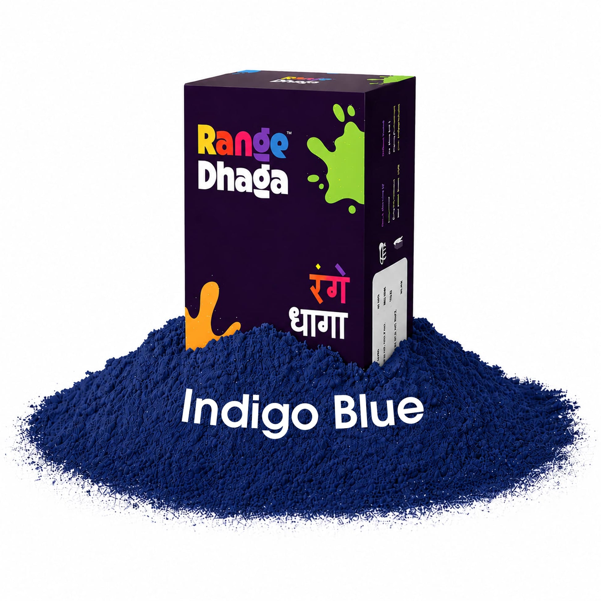 Indigo blue fabric dye and fixer in a 5-sachet pack by Rangedhaga, with fabric sample showing vibrant blue color.