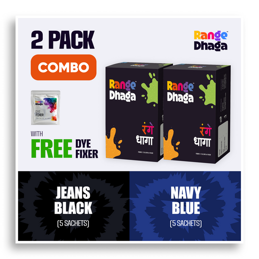 Rangedhaga fabric dye colors in shades of black and navy blue, 10-piece combo with dye fixer for multi-fabric dyeing projects.