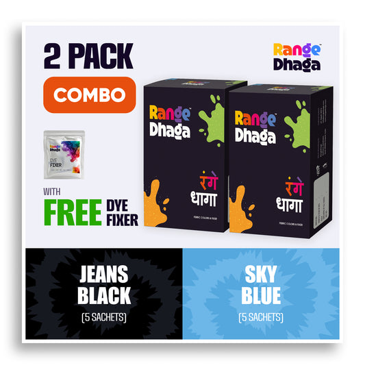 Rangedhaga fabric dye colors in black and sky blue shades, 10-piece combo with dye fixer for multi-fabric dyeing projects.