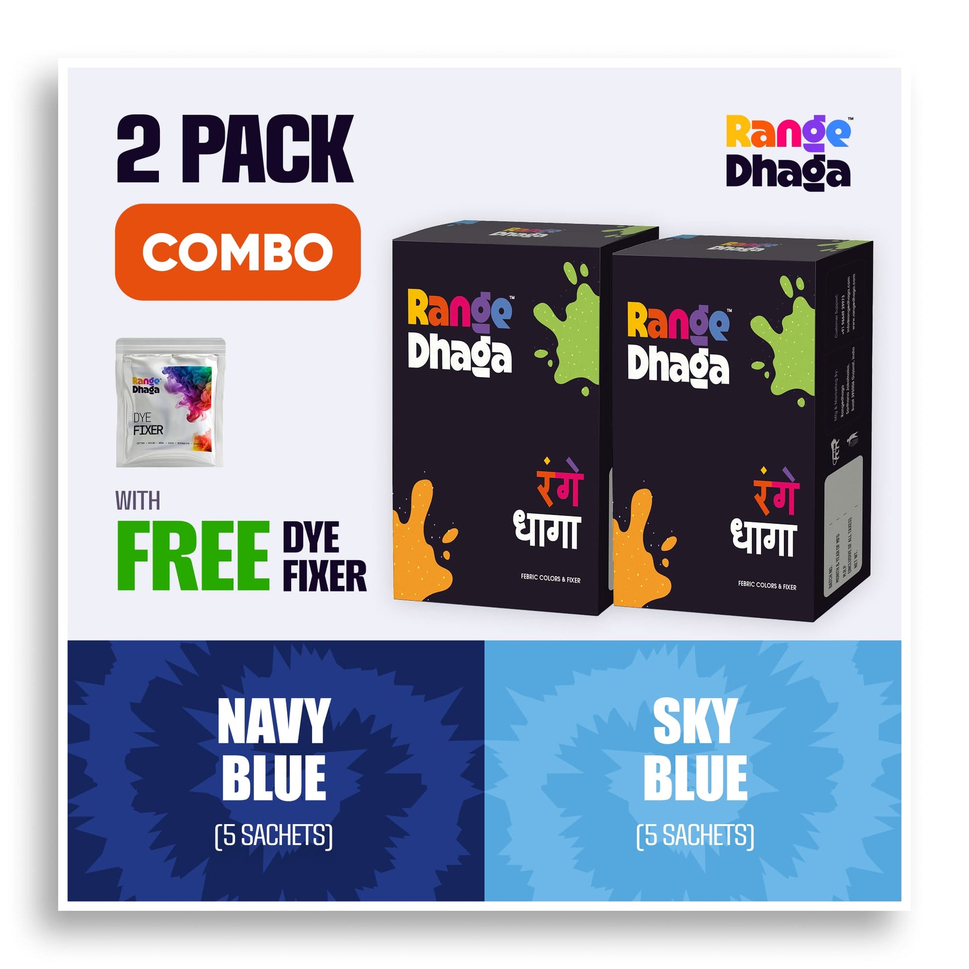 Rangedhaga fabric dye colors in navy blue and sky blue dye combo pack with fixer, displayed in 10-pack set for textile coloring.