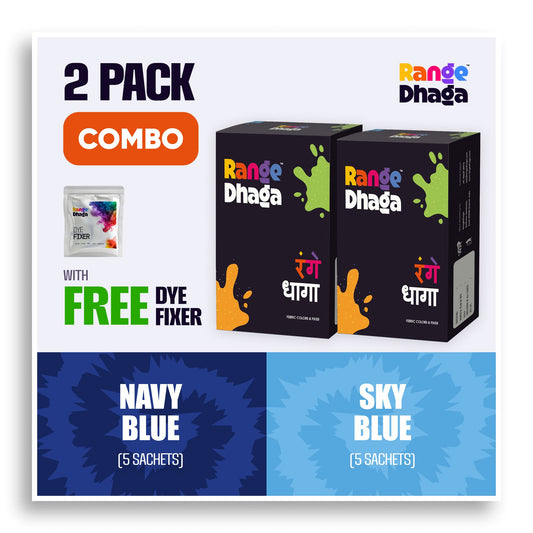 Rangedhaga fabric dye colors in navy blue and sky blue dye combo pack with fixer, displayed in 10-pack set for textile coloring.