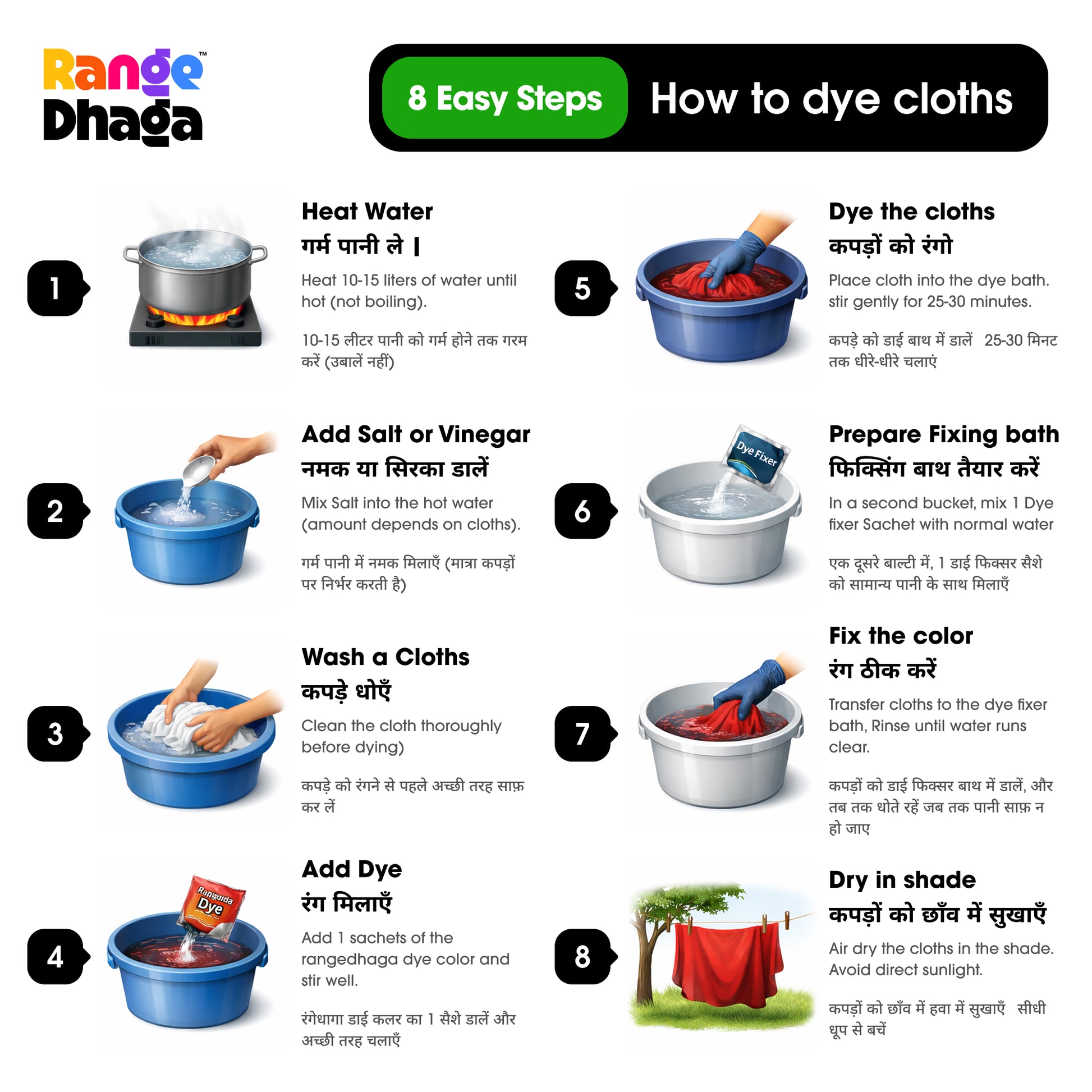 Rangedhaga Fabric Dye colors process, Color Pouches with dye fixer, How to dye cloths at home, - rangedhaga