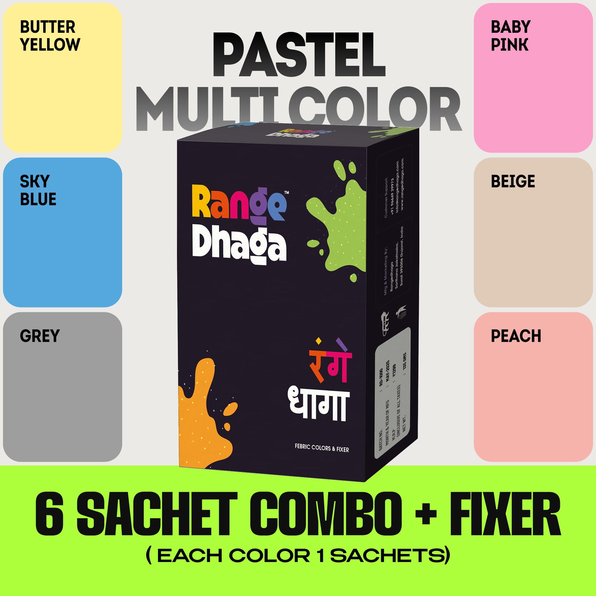 Rangedhaga pastel multicolor fabric dye combo with six sachets and fixer, showing vibrant pastel dye colors for fabric crafting.